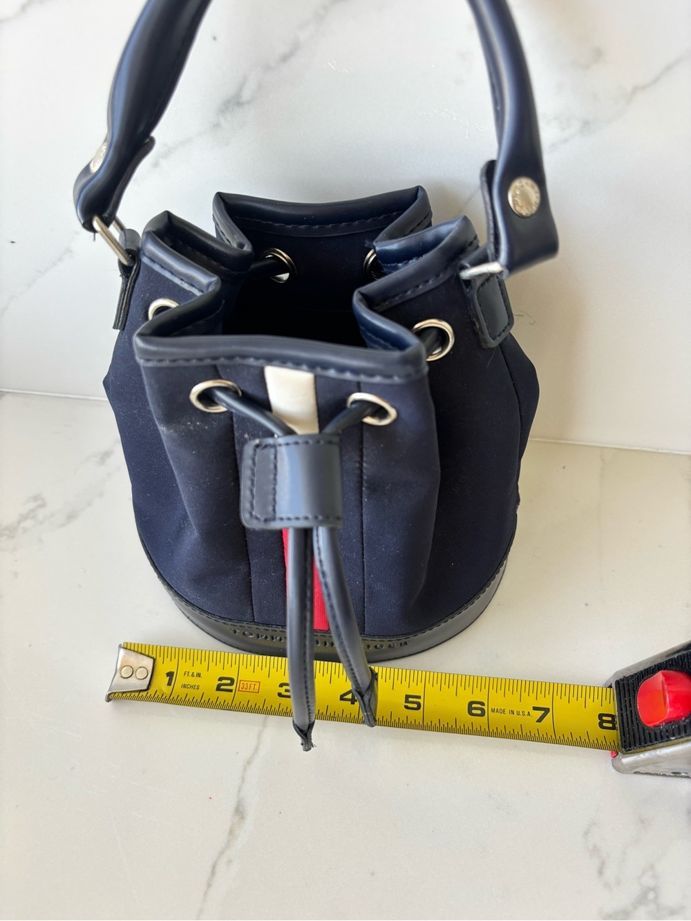 Tommy Hilfiger Vintage Navy Drawstring Bucket Bag Navy Blue Red & White Stripe - Picture 4 of 9